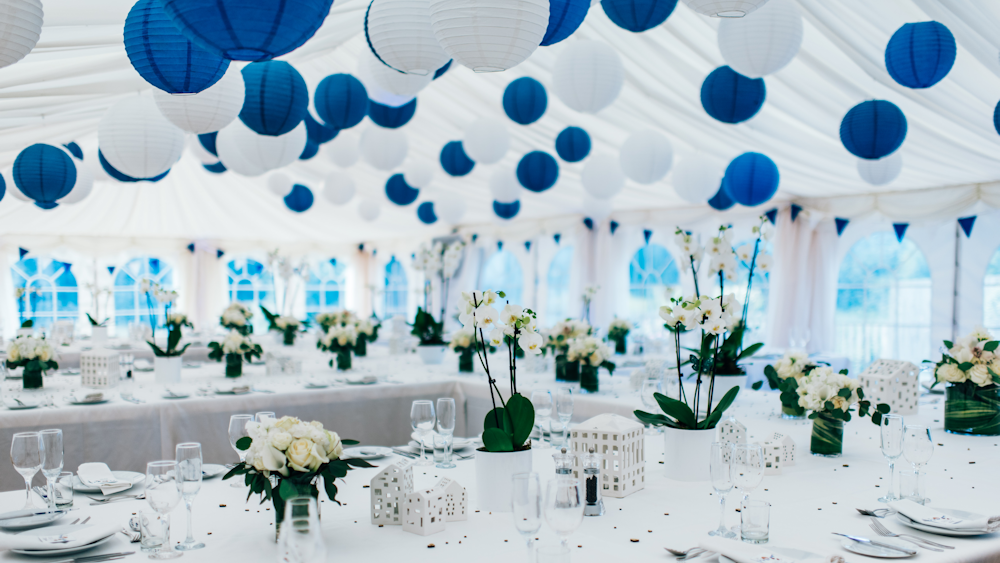 Blue Paper Lanterns at Frasers Kent Hanging Lantern Company